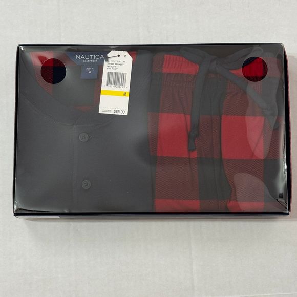 Nautica Sz M Men's PJ Set Navy/Red Multi Henley Cozy Pants - Picture 12 of 14